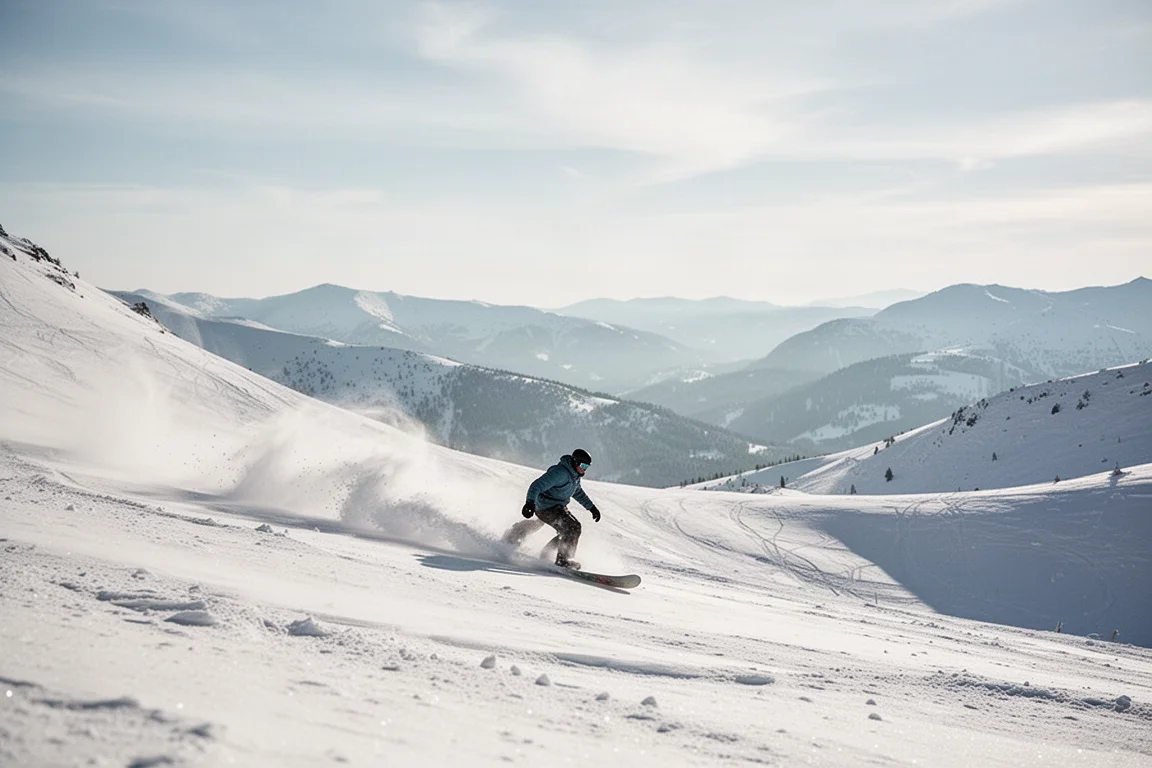 Snowboarder fährt bei hellem Licht frischen Schnee an einem Berghang