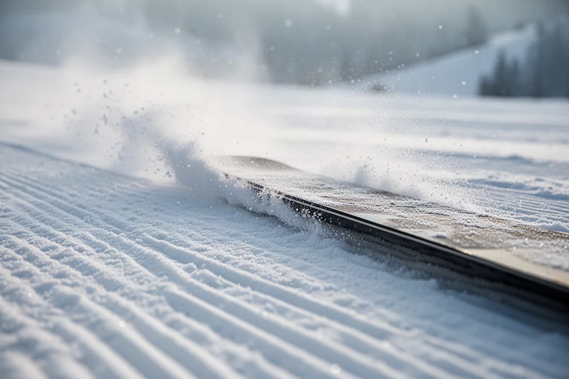 Nahaufnahme einer Snowboardkante, die sich in eine präparierte Piste eingräbt