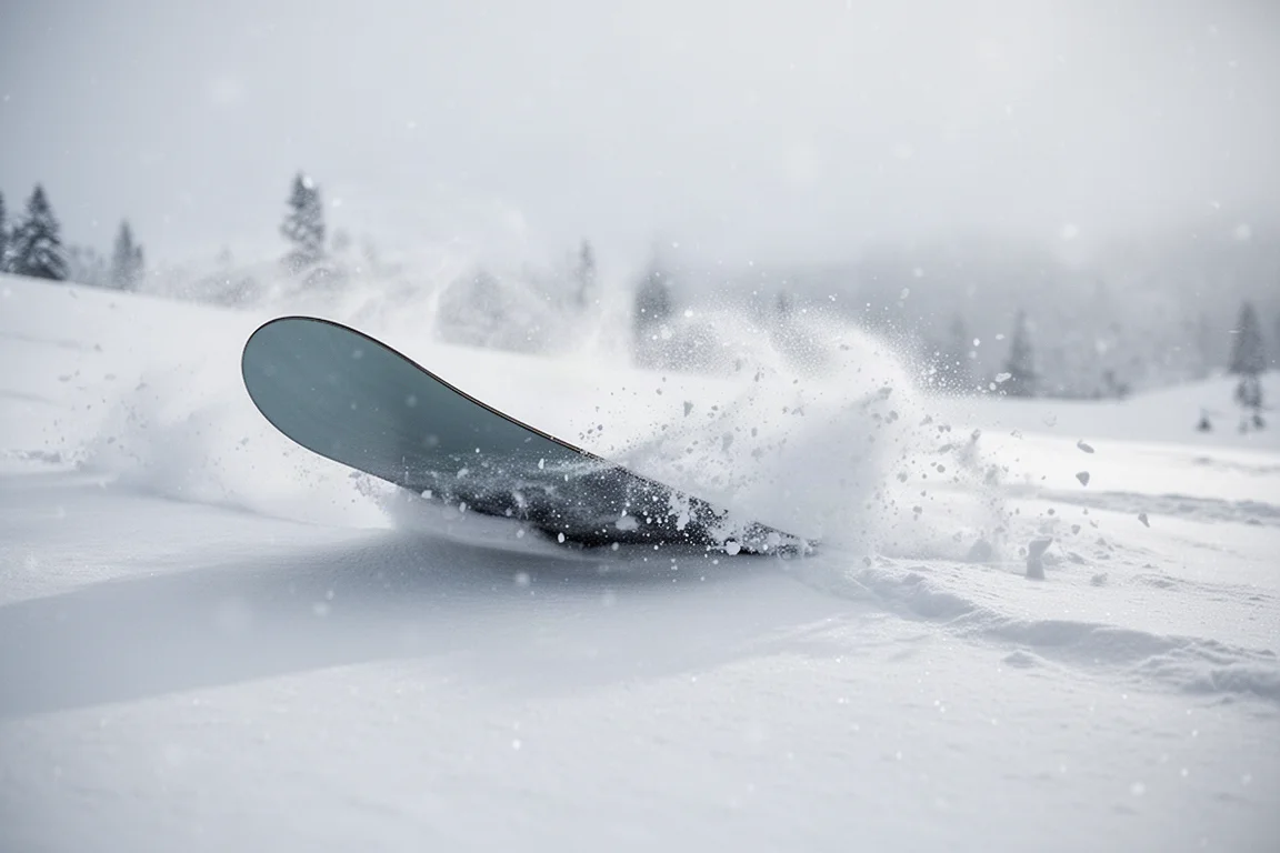 Snowboard-Tail schneidet bei weichem Licht durch Tiefschnee