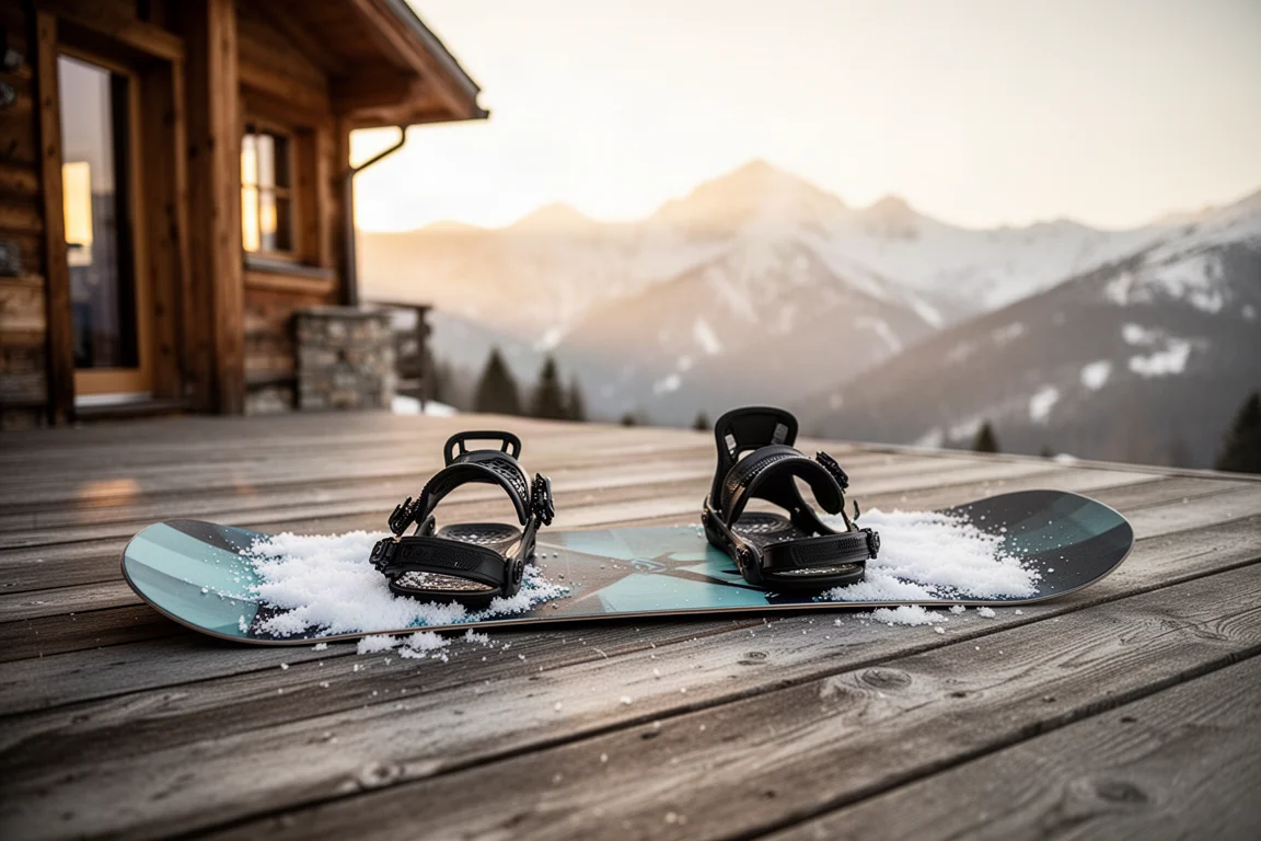 Snowboard flach liegend auf einer Holzveranda nach einem Tag Fahren