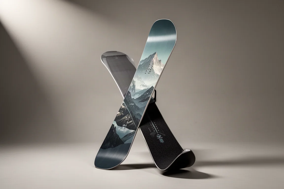 Planche de snowboard all-mountain Never Summer Benchmark dressée verticalement sur fond gris