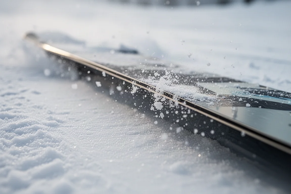Nahaufnahme einer Snowboard-Kante, die sich in festen, präparierten Schnee beißt