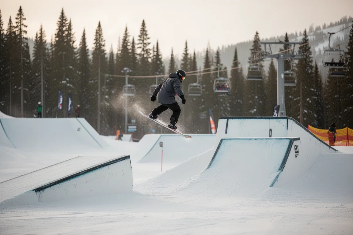 Snowboarder springt über ein Feature in einem Terrainpark im Gebirge