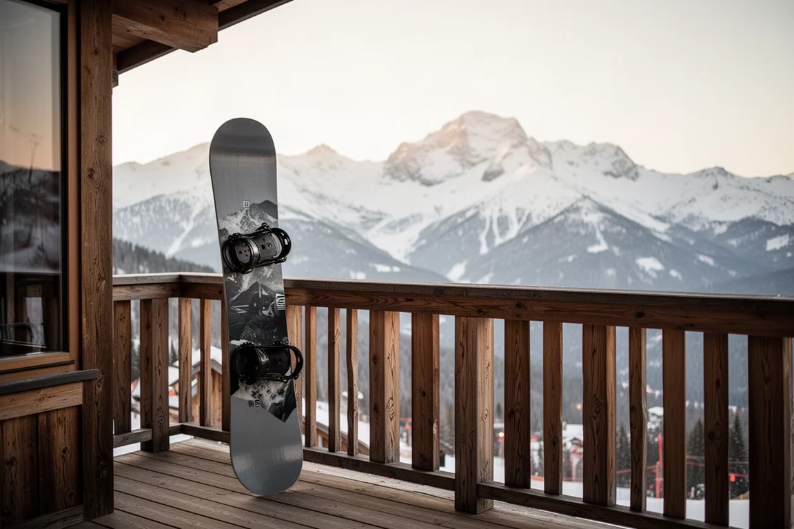 Snowboard lehnt an einem Geländer der Lodge, dahinter schneebedeckte Gipfel