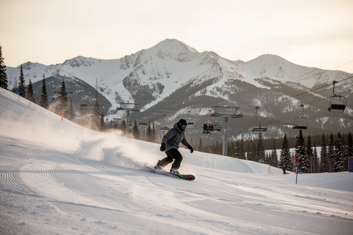 Snowboarder riding through a Colorado resort in soft daylight