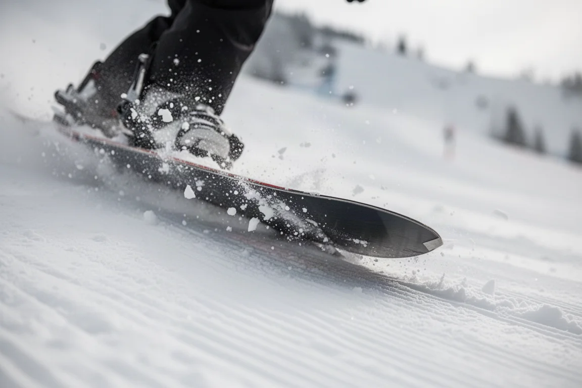 Close-up of a snowboard edge carving into firm groomed snow