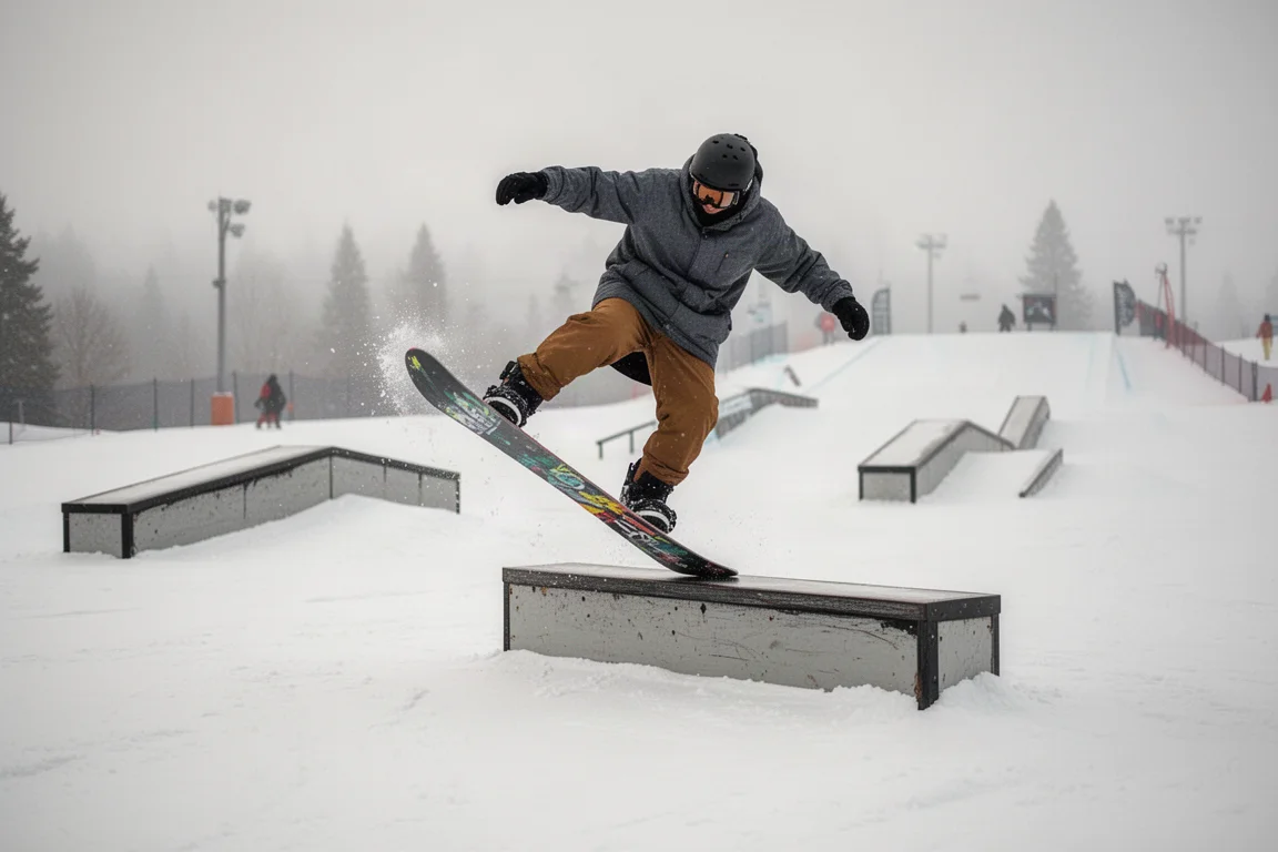 Snowboarder pressing the board on flat ground in the terrain park