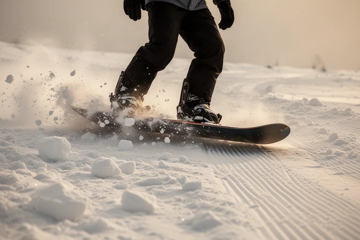 Snowboard gliding across choppy variable snow at higher speed