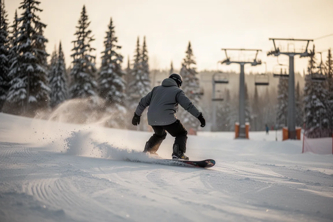 Snowboarder carving a groomed resort run at golden hour with snow spray