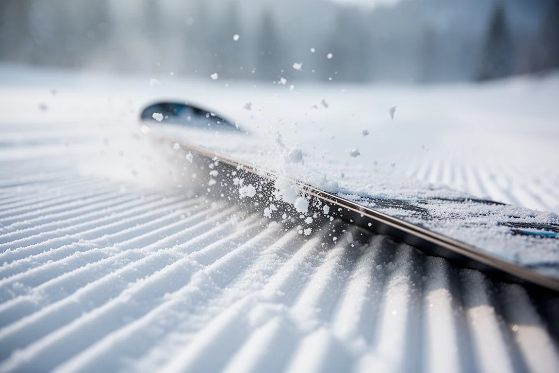 Close-up of a snowboard edge cutting into freshly groomed snow