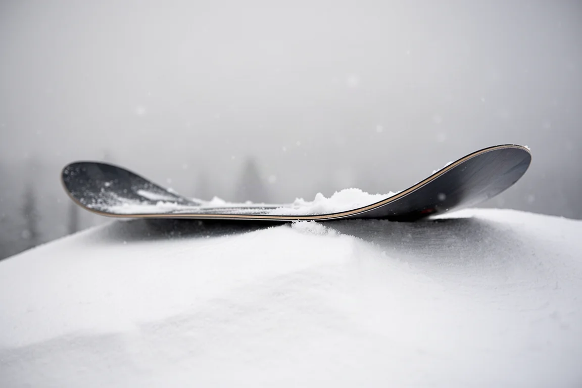 Side profile of a snowboard resting on a snowbank showing rocker and camber curve