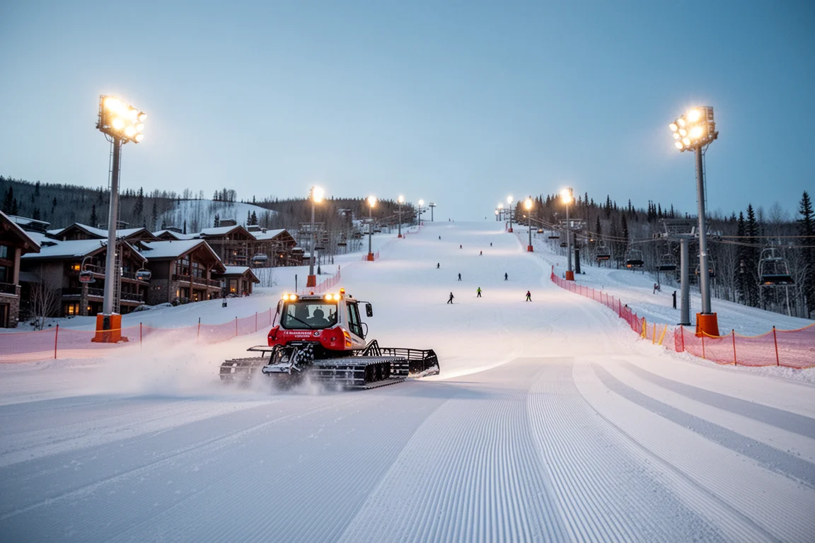 Snowcat grooming a resort run at dusk under floodlights with lift towers
