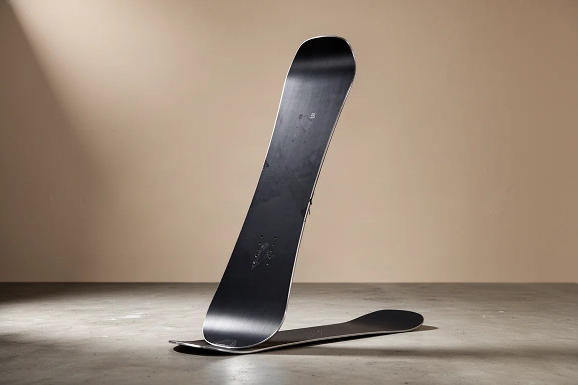 Directional all-mountain snowboard standing upright on a matte concrete surface