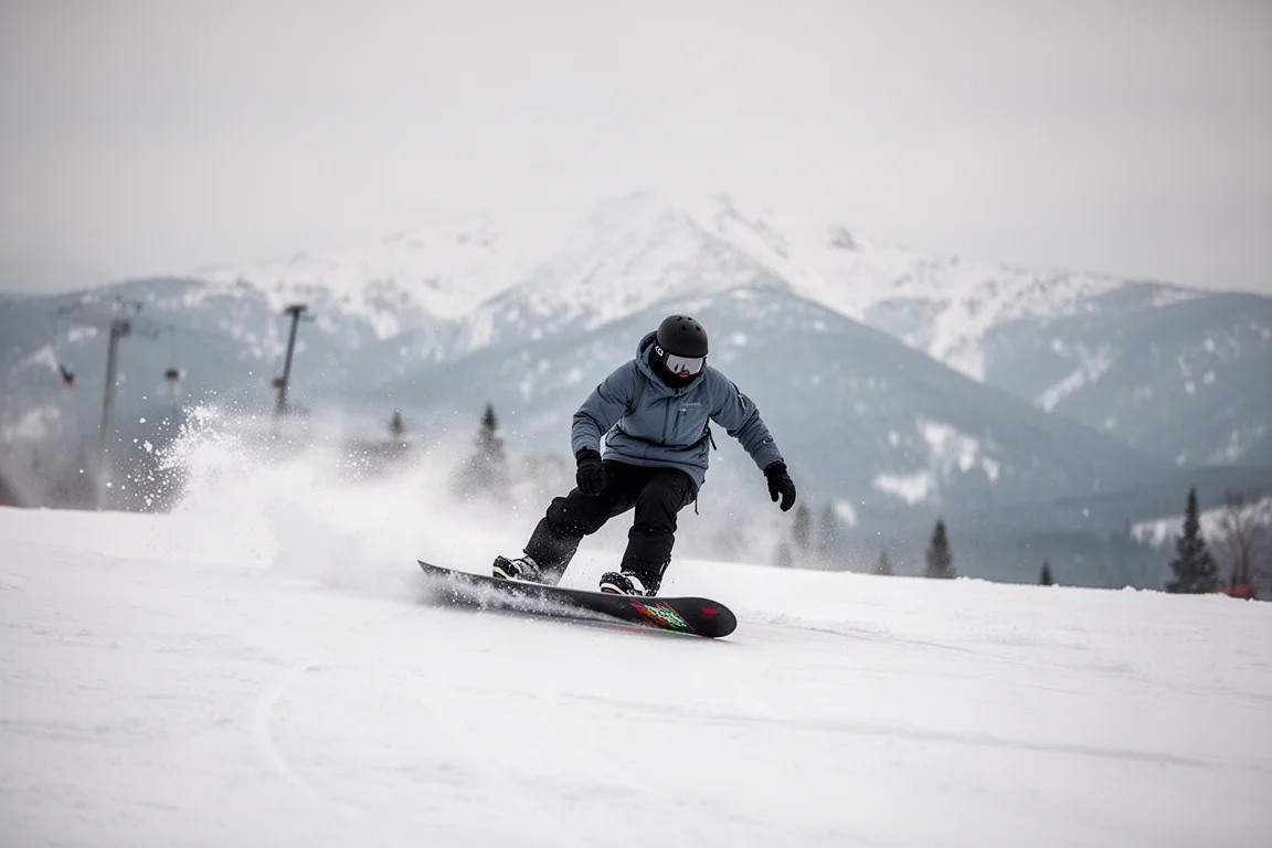 Snowboarder trazando un giro suave en una pista preparada con luz suave de invierno