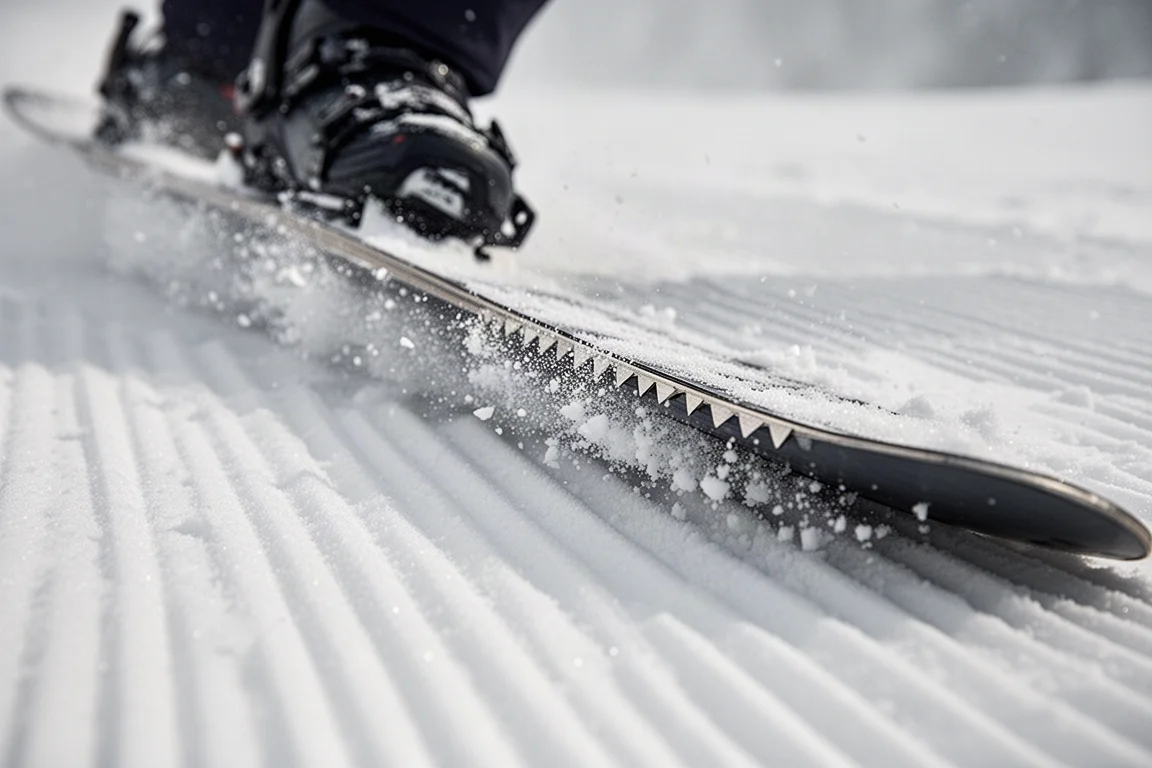 Primer plano de un canto de snowboard clavándose en la nieve preparada durante un giro