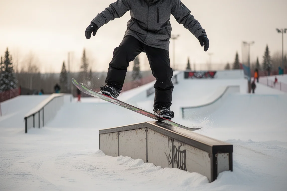 Snowboarder presionando la cola de la tabla en un terrain park