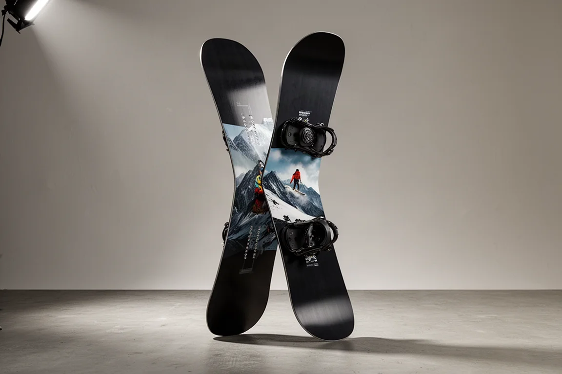 Prancha de snowboard all-mountain Never Summer Infinity em pé sobre um fundo neutro