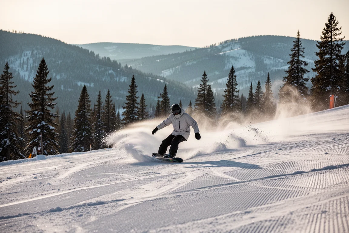 Snowboarder trazando un carve en una pista pisada con luz suave de la mañana y nieve en polvo