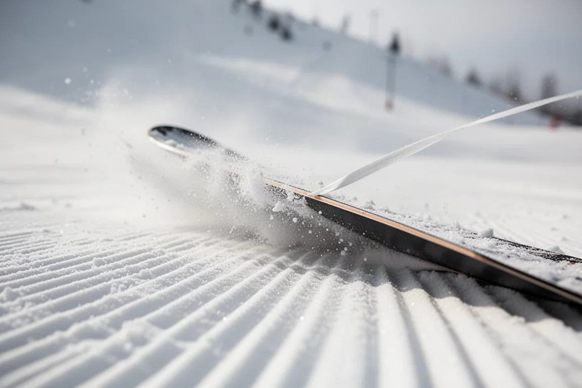 Primer plano de un canto de snowboard agarrándose a la nieve dura con nieve en polvo