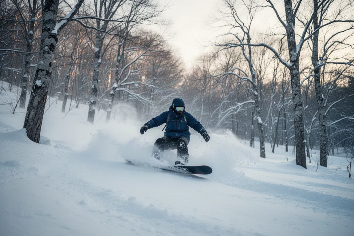 Rider flotando sobre nieve profunda con nieve volando alrededor de la tabla