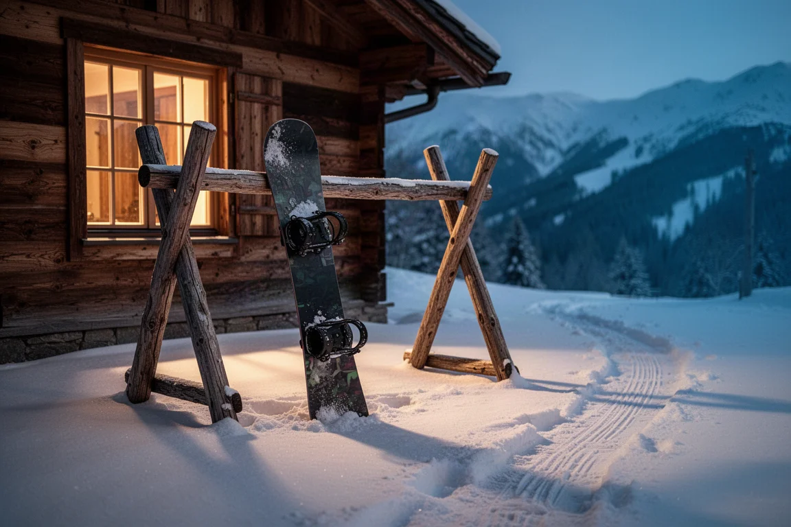 Snowboard apoyado en un rack de madera frente a una cabaña de montaña al atardecer