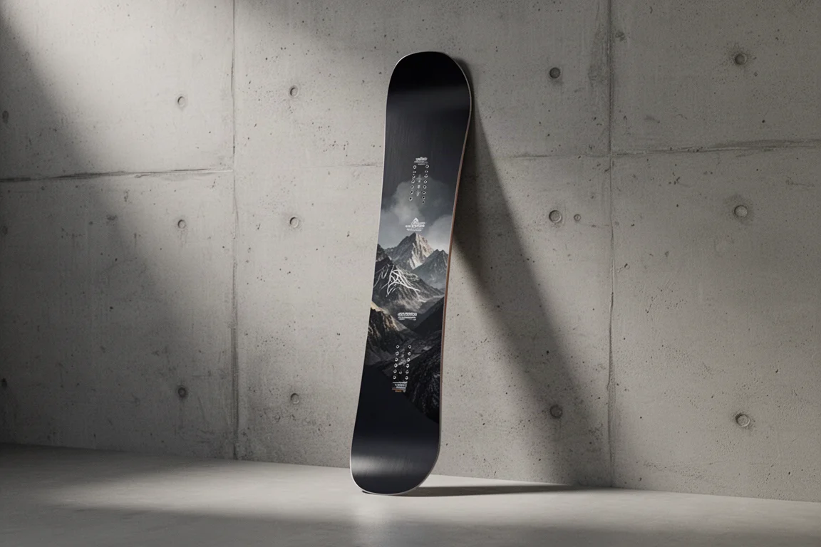 Women's freeride snowboard standing upright against a matte concrete wall in soft studio light