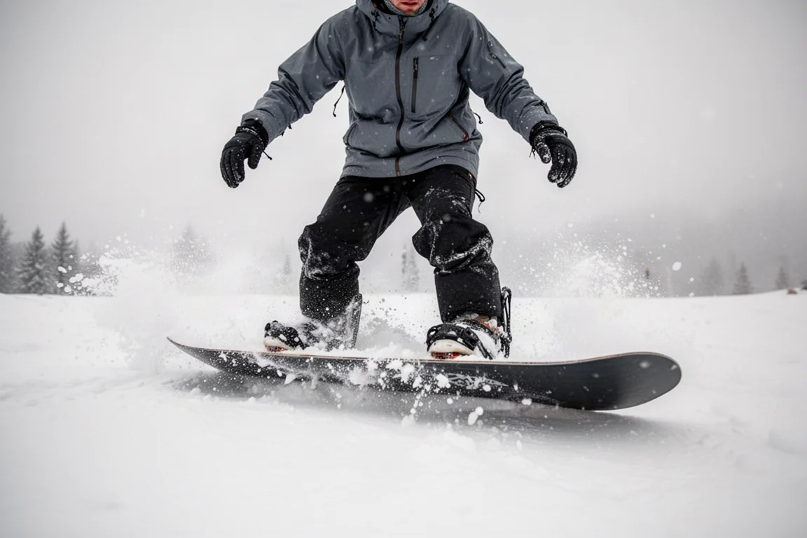 Snowboarder bajando por nieve primaveral aguanosa en una tabla ancha