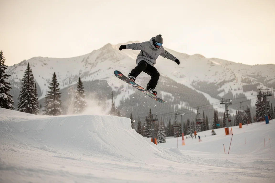 Snowboarder haciendo un ollie sobre un pequeño salto lateral en una pista