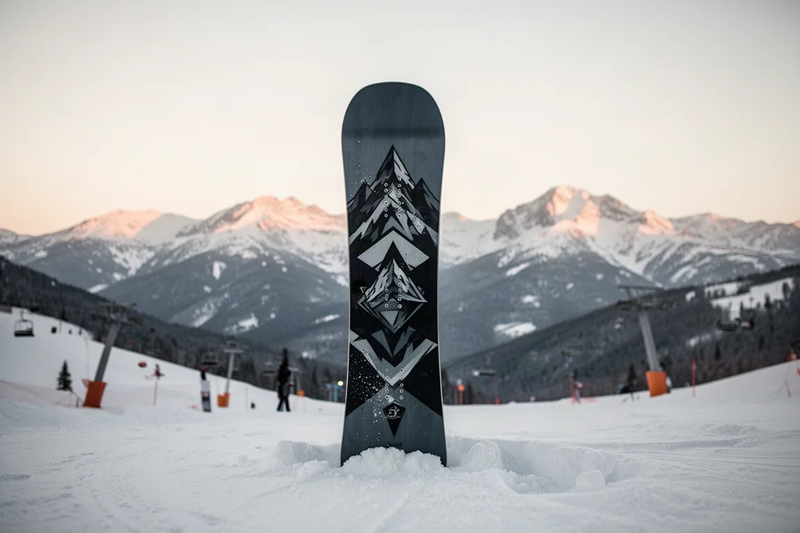 Tabla de snowboard de freestyle en pie sobre nieve fresca en una estación de montaña