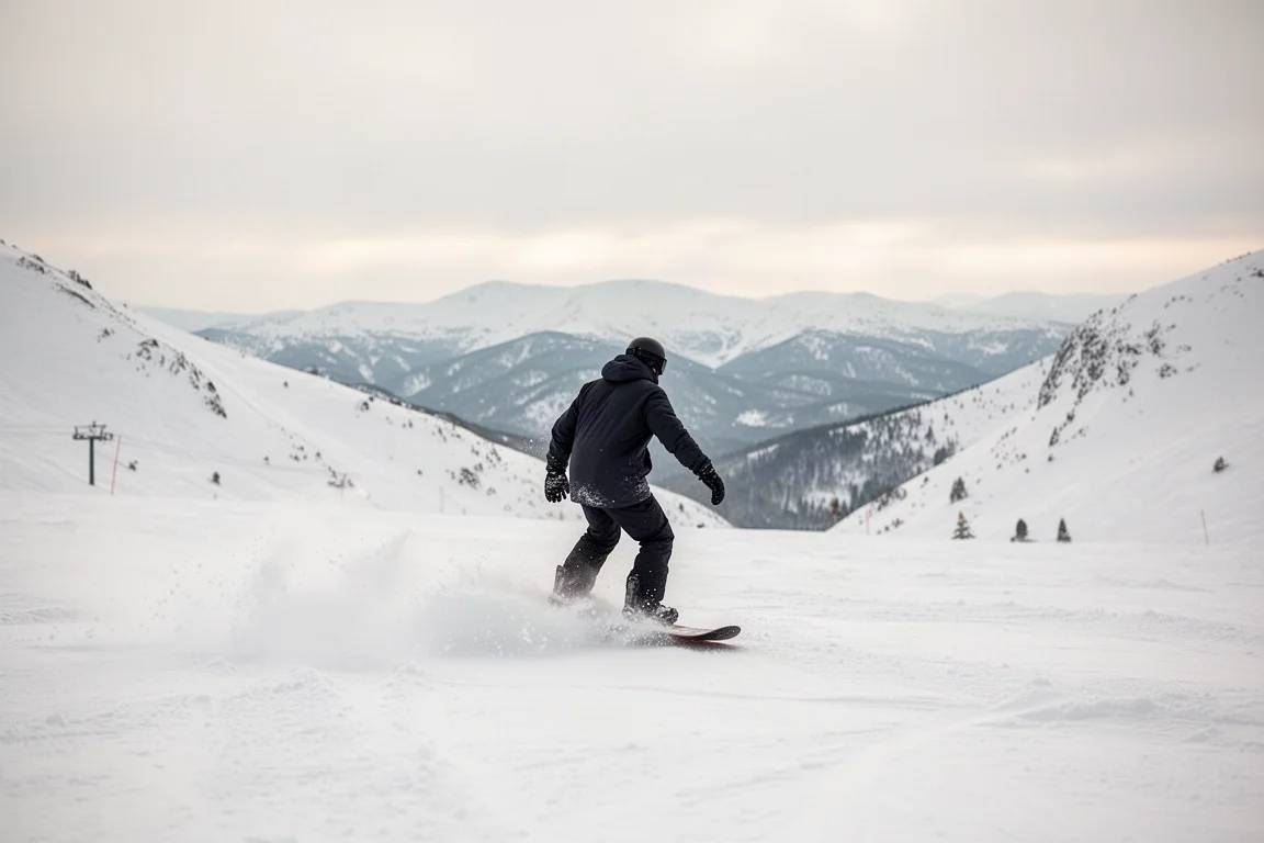 Snowboardzista jadący przez puch na szerokim, otwartym stoku góry