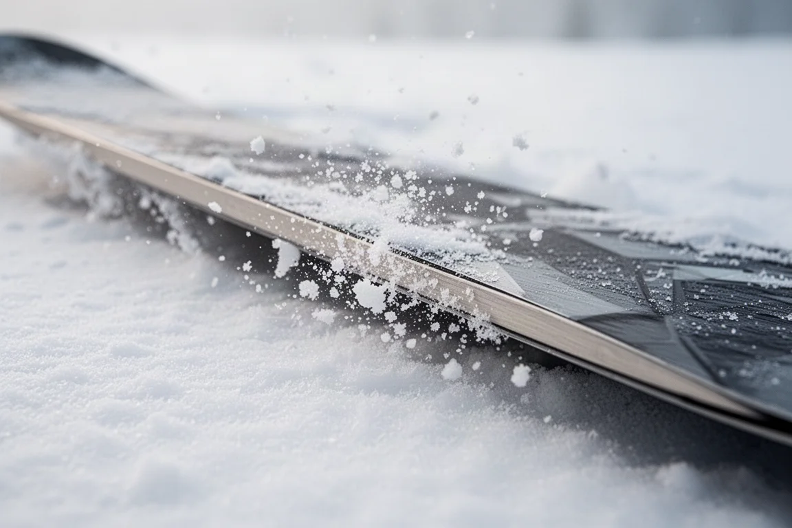 Zbliżenie na krawędź snowboardu wgryzającą się w twardy, ubity śnieg