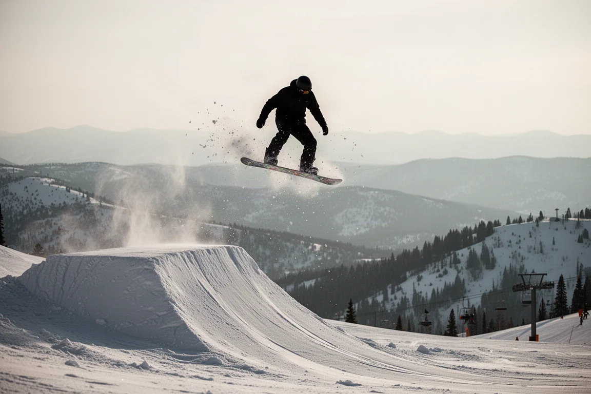 Snowboardzista wybijający się z naturalnego skocznia w ośrodku, w powietrzu