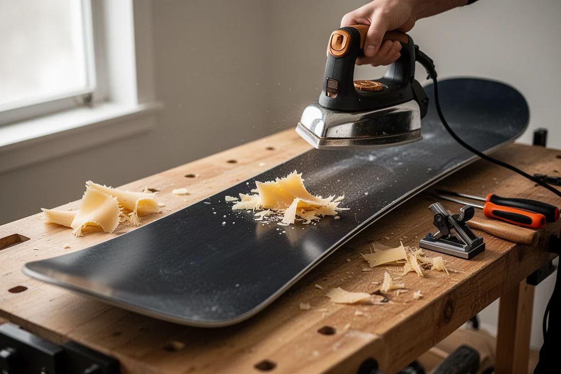 Snowboard smarowany woskiem na drewnianym stole warsztatowym