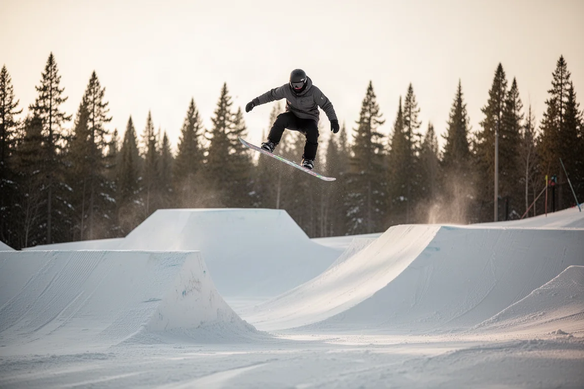 Snowboardeur dans un terrain de park décollant d'un jump sous une douce lumière de fin d'après-midi
