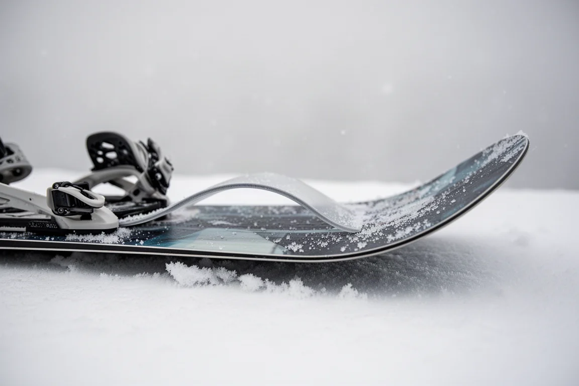 Gros plan sur le profil de carre d'un snowboard dans la neige montrant les points de contact du cambre et du rocker