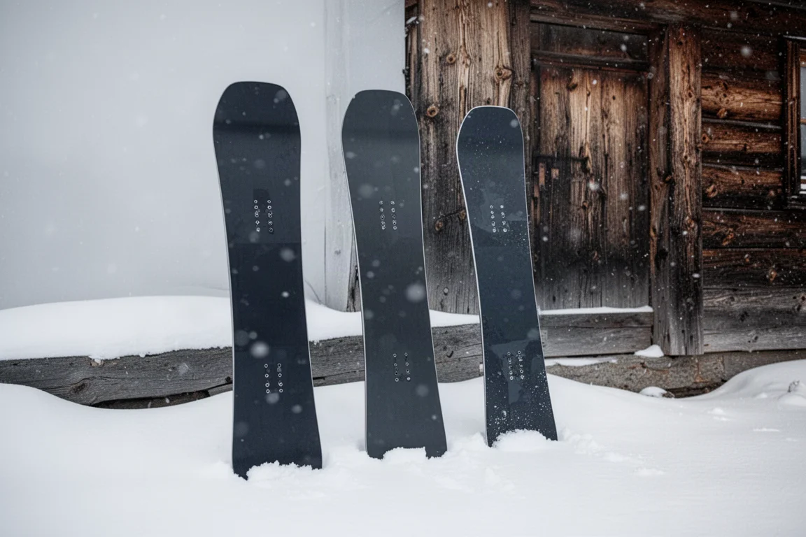 Trois snowboards de différentes longueurs dressés dans la neige devant un refuge en bois
