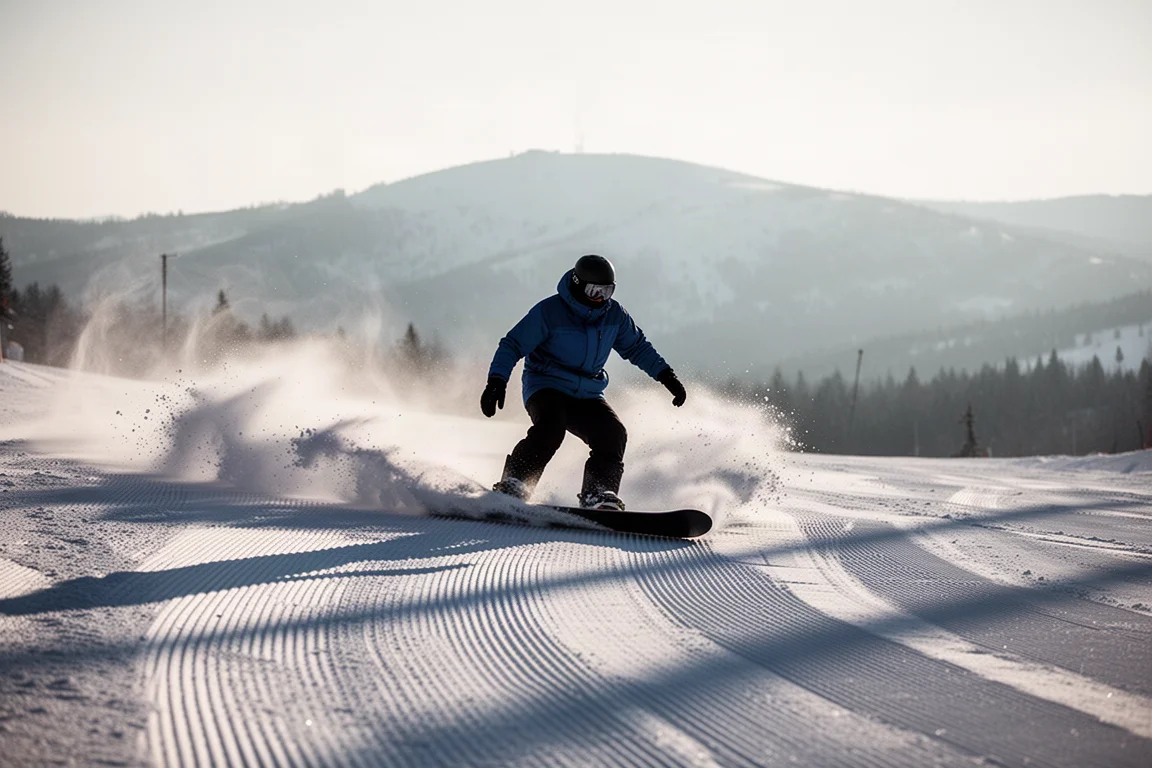 Snowboardeur prenant appui sur la carre dans une courbe appuyée sur du corduroy damé à l'aube