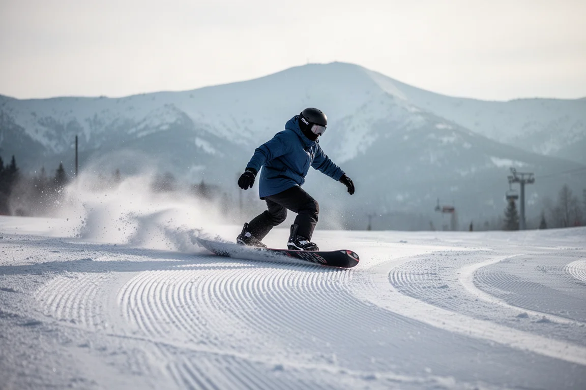 Snowboardåkare som karvar en sväng över nygroomat backterräng