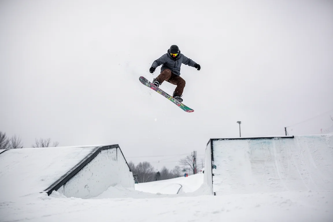 Snowboardåkare som hoppar från en parkjump med boarden grepad i luften
