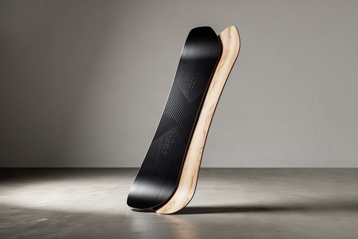 Never Summer Prototype 3-snowboard som står uppvisande top sheet och sidoprofil