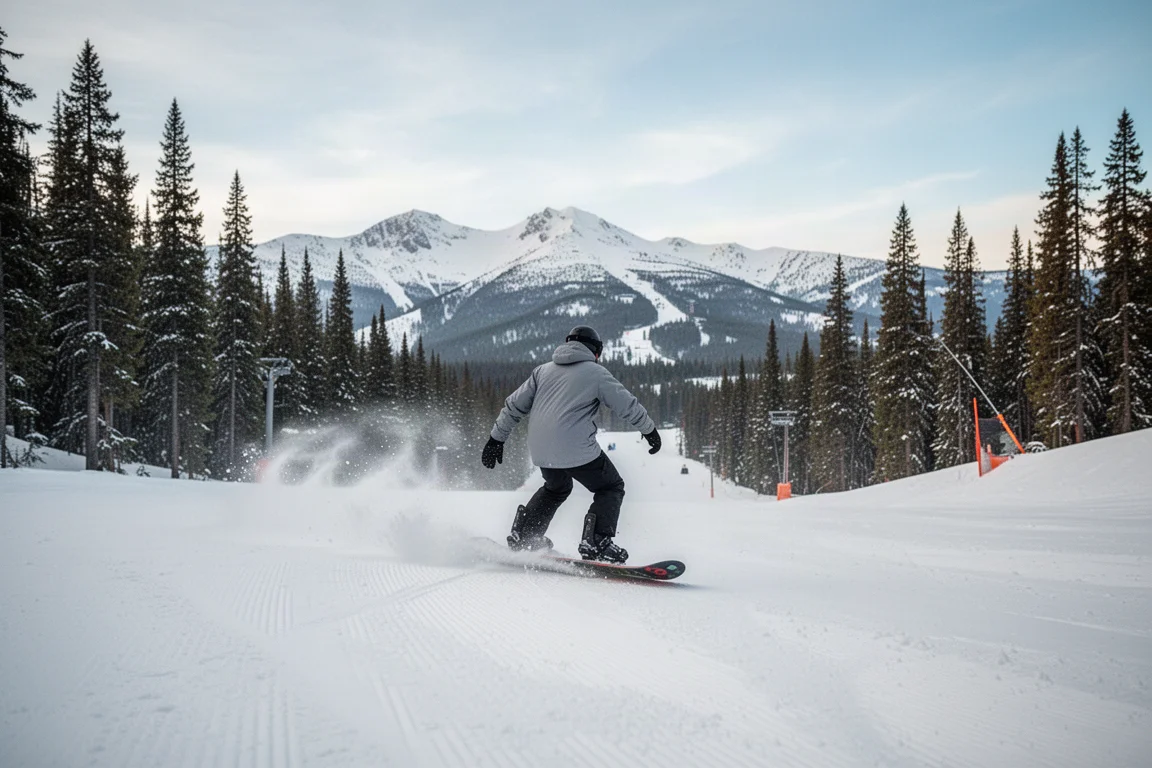 Snowboarder trazando curvas en una amplia pista pisada del resort en un día despejado