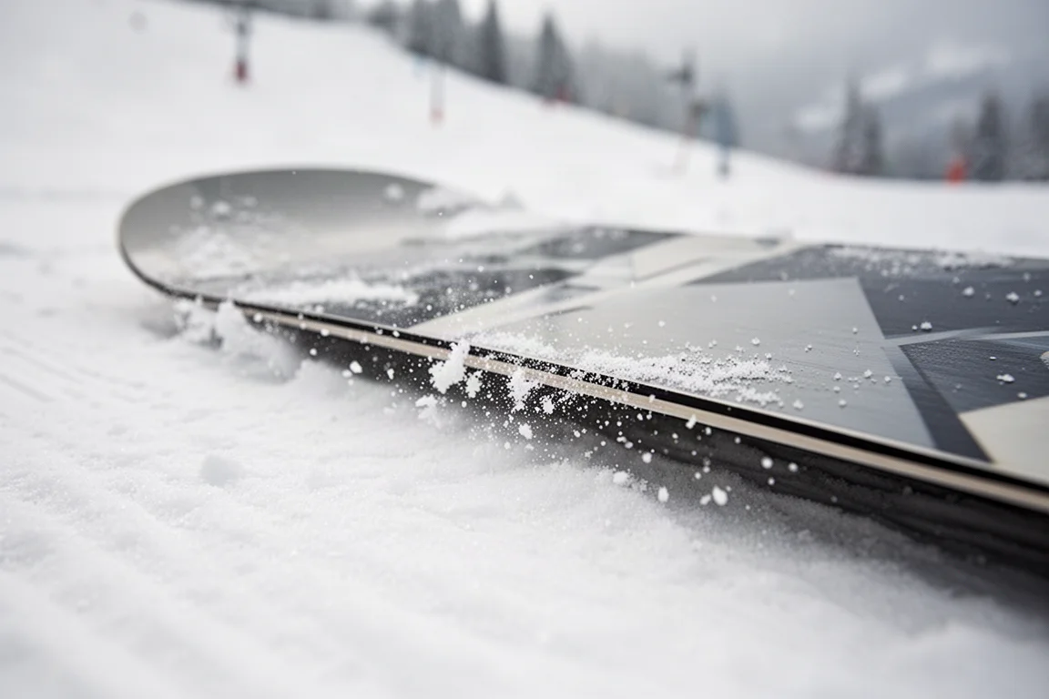 Primer plano de la base y el canto de una tabla de snowboard sobre nieve firme