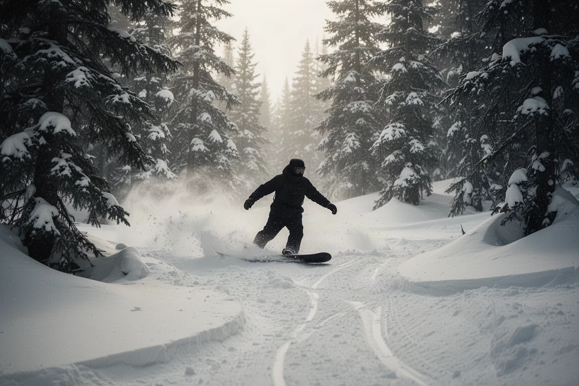 Snowboarder atravesando nieve variable y cortada entre árboles