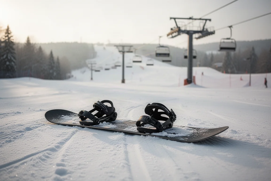 Tabla de snowboard apoyada en la nieve junto a un telesilla al inicio de una pista de montaña