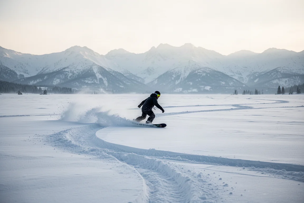 Snowboarder carvt über ein weites, offenes Powder-Feld mit Bergen im Hintergrund