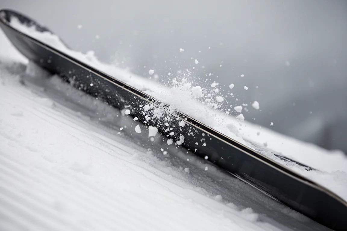 Nahaufnahme einer Snowboard-Kante beim Carven auf hartem, präpariertem Schnee mit Schneegischt