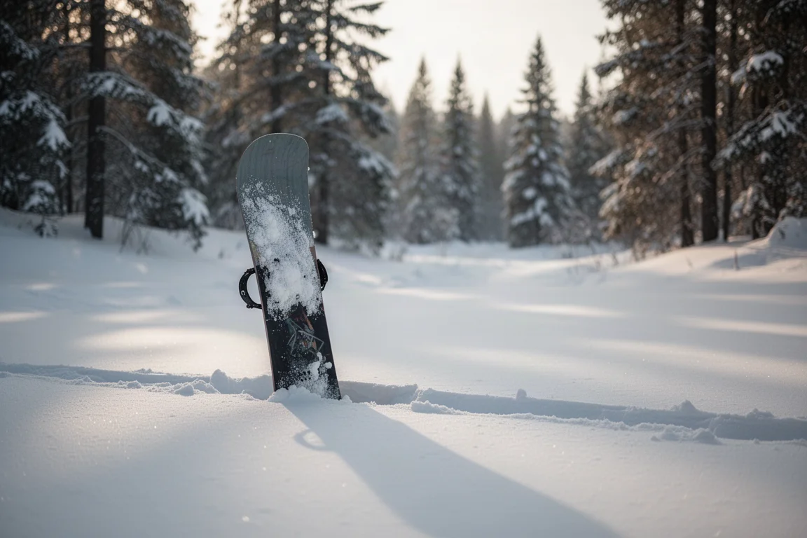 Snowboard steht beim Abenddämmerung mit dem Tail im tiefen Schnee an einer Baumgrenze