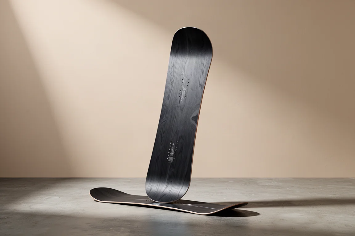Snowboard directional afunilado em pé sobre uma superfície de concreto fosco