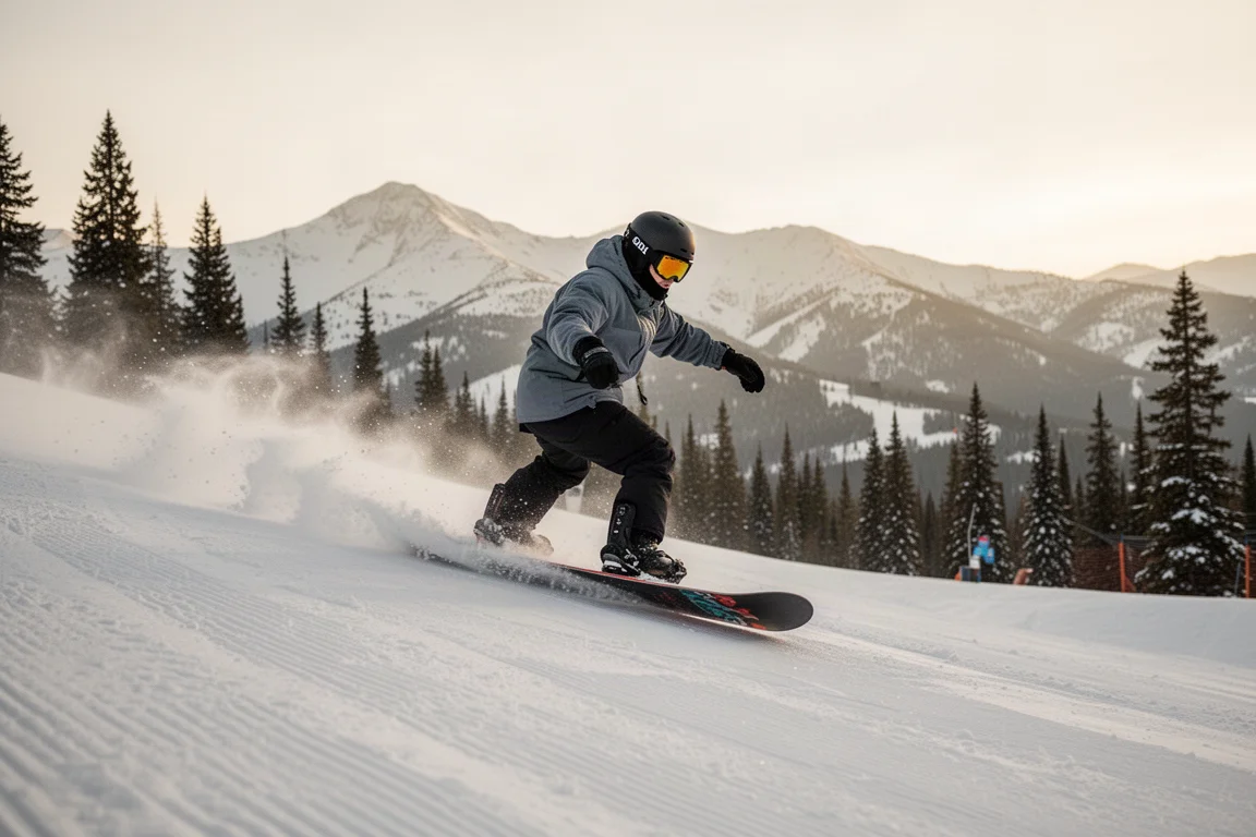 Snowboarder rozcinający łuk na twardym, przygotowanym stoku w kurorcie górskim