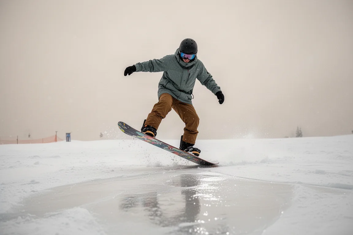Snowboarder dociskający nos deski na płaskim śniegu